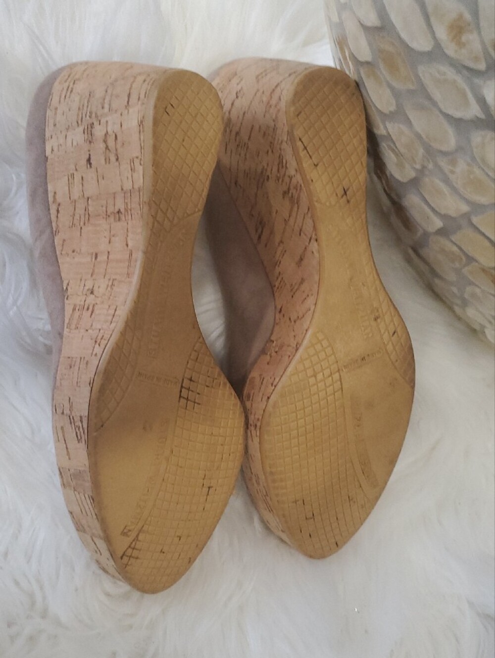 Stuart Weitzman Taupe Suede Cork Wedge Pumps Open Toe Size 9.5 - Picture 9 of 13